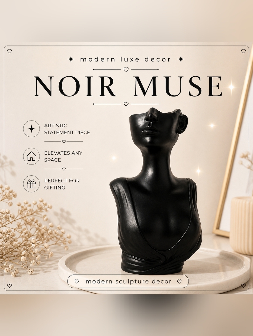 Modern Mini Black Abstract Sculpture – Minimalist Luxe Home Decor Accent
